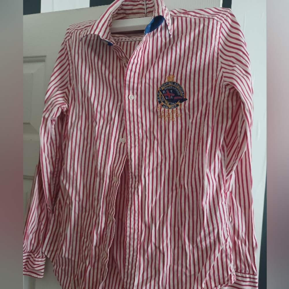 Ralph Lauren Red and White Stripe Button-Up Shirt with Embroidered Crest